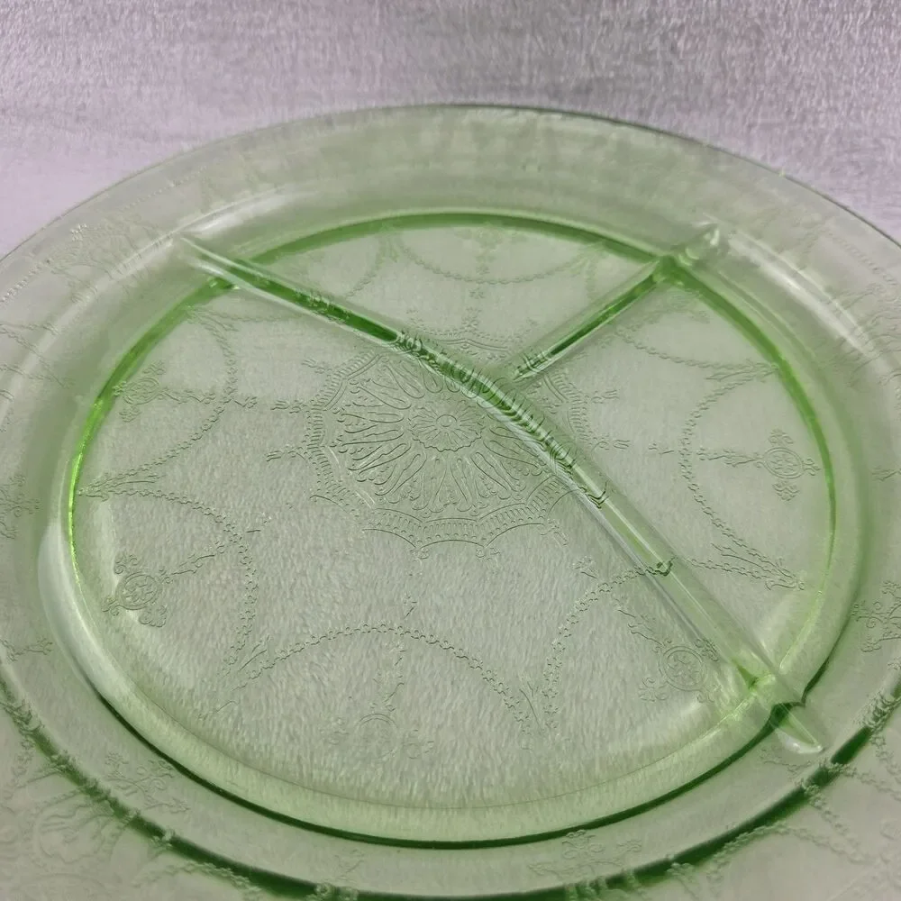 Uranium Glass Divided Plate Ballerina Cameo Dancing Girl Green Platter GLOWS